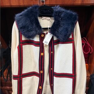 Tory Burch Cream and Navy Faux Fur Collar Blazer
